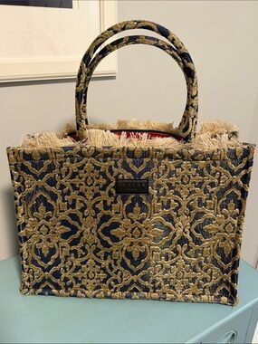 Women's Navy and Gold Patterned Tote Bag